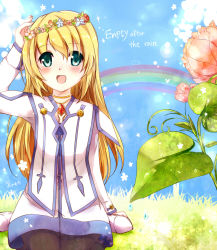 Rule 34 | 00s, 1girl, :d, akamomo, aqua eyes, bad id, bad pixiv id, blonde hair, blush, colette brunel, english text, flower, flower wreath, head wreath, leaf, long hair, open mouth, pantyhose, rainbow, sitting, smile, solo, tales of (series), tales of symphonia, wariza