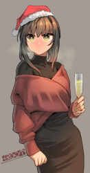Rule 34 | 1girl, alcohol, alternate costume, artist logo, black dress, blush, brown hair, champagne flute, christmas, closed mouth, commentary request, cowboy shot, cup, dress, drinking glass, ergot, fubuki (kancolle), green eyes, grey background, hair between eyes, hat, highres, holding, holding cup, kantai collection, long sleeves, looking at viewer, low ponytail, medium hair, red sweater, santa hat, sidelocks, simple background, solo, sweater, turtleneck, turtleneck dress
