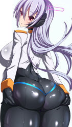 Rule 34 | 1girl, ass, ass focus, ass grab, bad id, bad pixiv id, blue background, bodysuit, breasts, female focus, grabbing own ass, gradient background, highres, huge ass, large breasts, long hair, looking at viewer, looking back, original, pink eyes, plump, purple hair, skin tight, skindentation, solo, thick thighs, thighs, totoya, totoya (paxa 600), white background, wide hips