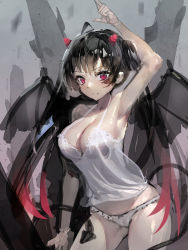 Rule 34 | 1girl, absurdres, arm up, armpits, black hair, breasts, camisole, cleavage, closed mouth, contrapposto, cowboy shot, demon horns, demon wings, girls&#039; frontline, grey panties, highres, horns, large breasts, long hair, looking at viewer, muloli, ouroboros (girls&#039; frontline), panties, purple eyes, sidelocks, sketch, smile, solo, standing, twintails, underwear, wings