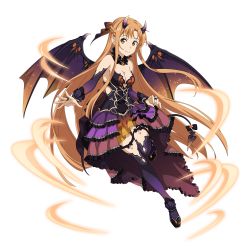 Rule 34 | 1girl, asuna (sao), black bow, bow, braid, breasts, bridal gauntlets, brown bow, brown eyes, brown hair, cleavage, closed mouth, costume, demon tail, demon wings, detached collar, detached sleeves, dress, female focus, floating hair, french braid, frilled dress, frills, full body, hair bow, halloween, halloween costume, highres, horns, layered dress, leg up, long hair, long sleeves, looking at viewer, matching hair/eyes, medium breasts, multicolored wings, official art, purple dress, purple sleeves, purple thighhighs, short dress, smile, solo, strapless, strapless dress, sword art online, sword art online: memory defrag, tail, thigh strap, thighhighs, transparent background, very long hair, wings, zettai ryouiki