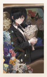 Rule 34 | 1girl, absurdres, black hair, black necktie, black pants, bouquet, car, chainsaw man, closed mouth, collared shirt, eyepatch, flower, formal, gold can, grey eyes, highres, himeno (chainsaw man), holding, holding bouquet, jacket, looking at viewer, motor vehicle, necktie, pants, shirt, short hair, sitting, solo, suit, suit jacket, vehicle interior, white shirt