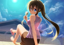 Rule 34 | 1girl, arm support, bad id, bad pixiv id, bare legs, barefoot, blue eyes, blue sky, blush, breasts, brick wall, brown hair, building, cloud, cloudy sky, day, feet, food, holding, house, ice cream, lens flare, long hair, looking back, no shoes, original, ponytail, raivu, sandals, shoe dangle, shoes, single shoe, sitting, skirt, sky, solo