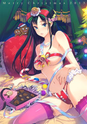 Rule 34 | 1girl, bed sheet, blue eyes, blush, box, box of chocolates, breasts, candy, candy cane, chocolate, chocolate heart, christmas, cover, curtains, english text, food, fur trim, gingerbread man, green hair, hair ribbon, heart, highres, long hair, looking at viewer, merry christmas, mhk (mechamania), navel, open mouth, original, panties, parted lips, pillow, purple thighhighs, red panties, ribbon, solo, text focus, thighhighs, underwear