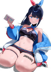 Rule 34 | 1girl, absurdres, bare shoulders, black eyes, black hair, black skirt, blue eyes, blue jacket, breasts, cleavage, closed mouth, criss-cross halter, gridman universe, hair ribbon, halterneck, hand up, highres, holding, jacket, leg tattoo, light frown, long hair, long sleeves, looking at viewer, medium breasts, microskirt, multicolored clothes, multicolored footwear, multicolored jacket, navel, off shoulder, official alternate costume, official alternate hairstyle, onakaitai ne, open clothes, open jacket, ribbon, shadow, sidelocks, simple background, sitting, skirt, solo, ssss.gridman, stomach, takarada rikka, takarada rikka (solarain toys), tattoo, thick thighs, thigh strap, thighs, wariza, white background
