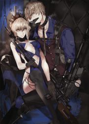 Rule 34 | 1boy, 1girl, arthur pendragon (fate), arthur pendragon alter (fate), artoria pendragon (all), artoria pendragon (alter swimsuit rider) (fate), artoria pendragon (alter swimsuit rider) (third ascension) (fate), artoria pendragon (fate), black thighhighs, blonde hair, bow, breasts, collar, dress, fate/grand order, fate/prototype, fate/stay night, fate (series), gloves, gun, hair between eyes, highres, holster, looking at viewer, medium breasts, navel, pvc parfait, rifle, saber (fate), saber alter, short hair, shoulder holster, sitting, sitting on lap, sitting on person, smile, sniper rifle, thighhighs, tiara, twitter username, weapon, yellow eyes