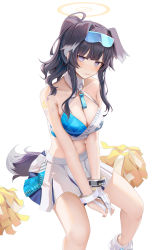 Rule 34 | 1girl, animal ears, black hair, blue archive, blush, breasts, cheerleader, cleavage, crop top, dog ears, dog girl, dog tail, eyewear on head, gloves, goggles, goggles on head, halo, hibiki (blue archive), hibiki (cheer squad) (blue archive), highres, large breasts, long hair, looking at viewer, midriff, millennium cheerleader outfit (blue archive), navel, partially fingerless gloves, pleated skirt, pom pom (cheerleading), ru zhai, shoes, skirt, solo, sweat, tail