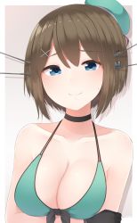 Rule 34 | 10s, 1girl, bare shoulders, beret, bikini, bikini top only, black gloves, blue eyes, breasts, brown hair, cleavage, closed mouth, commentary request, eyebrows, front-tie bikini top, front-tie top, gloves, gradient background, hair ornament, hat, headgear, highres, kantai collection, large breasts, light smile, looking at viewer, maya (kancolle), short hair, simple background, solo, swimsuit, upper body, x hair ornament, yukichi (sukiyaki39)