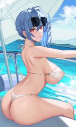 Rule 34 | 1girl, absurdres, armpits, ass, azur lane, back, bikini, blue hair, blush, breasts, commentary request, covered erect nipples, earrings, eyewear on head, hand out of frame, highres, jewelry, large breasts, looking at viewer, official alternate costume, official alternate hairstyle, outstretched arm, parasol, red eyes, see-through bikini, side ponytail, sitting, solo, st. louis (an afternoon on the lido deck) (azur lane), st. louis (azur lane), sunglasses, swimsuit, thighs, umbrella, water, wet, white bikini, yaoshan shi