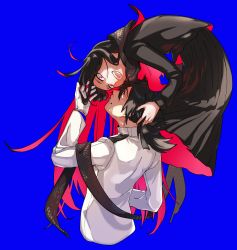 Rule 34 | 1boy, 1girl, absurdres, black eyes, black hair, black shirt, black skirt, blue background, cropped torso, eye contact, fangs, fate/grand order, fate (series), fingernails, gloves, grey ribbon, grey scarf, hair between eyes, hair ribbon, hand in another&#039;s hair, hand up, highres, koha-ace, long hair, long sleeves, looking at another, military, military uniform, nichi (hibi suimin), open mouth, oryou (fate), pink eyes, pleated skirt, ponytail, ribbon, sakamoto ryouma (fate), scarf, shirt, simple background, skirt, smile, uniform, very long hair, white gloves