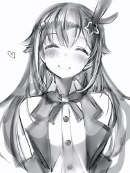 Rule 34 | 1girl, bad id, bad twitter id, blush, closed eyes, closed mouth, facing viewer, greyscale, hair flaps, hair ornament, heart, highres, hololive, monochrome, nanashi (nlo), neck ribbon, ribbon, simple background, smile, solo, star (symbol), star hair ornament, tokino sora, tokino sora (1st costume), upper body, vest, virtual youtuber, white background