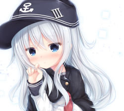 Rule 34 | 1girl, anchor symbol, black cape, black hat, blue eyes, blush, cape, closed mouth, commentary request, fingernails, flat cap, hair between eyes, hand up, hat, hibiki (kancolle), highres, kantai collection, long hair, long sleeves, looking at viewer, nose blush, red neckwear, shirt, shizukawashi sumi, silver hair, sleeves past wrists, solo, sweat, upper body, very long hair, white background, white shirt