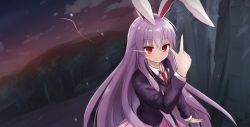 Rule 34 | 1girl, animal ears, blazer, blouse, buttons, collared shirt, crescent, crescent pin, highres, jacket, light purple hair, long hair, long sleeves, medium skirt, nature, necktie, outdoors, pink skirt, pleated skirt, rabbit ears, rabbit girl, rabbit tail, red eyes, red necktie, reisen udongein inaba, shirt, skirt, solo, tail, touhou, touhourh, tree, twilight, very long hair, white shirt
