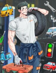 Rule 34 | 168broccoli, 1boy, black eyes, black hair, blue jumpsuit, bolt, carrying over shoulder, cigarette, cowboy shot, dirty, dirty clothes, dirty face, gloves, highres, jumpsuit, male focus, mechanic, mito youhei, mouth hold, pompadour, screwdriver, slam dunk (series), sleeves rolled up, smile, solo, sweat, taxi, tire, toolbox, traffic light, white gloves, wrench