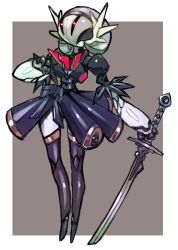 Rule 34 | 1girl, 2b (nier:automata), 2b (nier:automata) (cosplay), black dress, black thighhighs, blind, brown background, colored skin, commentary request, cosplay, creatures (company), cyborg, dakusuta, dress, fewer digits, game freak, gardevoir, gen 3 pokemon, glowing, grey hair, highres, holding, holding sword, holding weapon, katana, mega gardevoir, mega pokemon, nier:automata, nier (series), nintendo, pokemon, puffy sleeves, red skin, short sleeves, simple background, sword, thighhighs, weapon, white skin