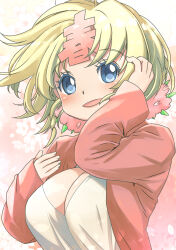 Rule 34 | 1girl, absurdres, arm up, blonde hair, blue eyes, breasts, cleavage, eyelashes, floating hair, flower, hair flower, hair ornament, hand up, haru-chan, highres, jacket, large breasts, long sleeves, muramasa mikado, nhk (broadcaster), open clothes, open jacket, open mouth, pink flower, pink jacket, shirt, short hair, sleeves past wrists, smile, solo, white shirt