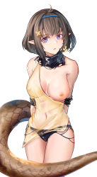 Rule 34 | 1girl, absurdres, arknights, arms behind back, bare shoulders, black hair, black panties, black scarf, blue eyes, blue hairband, breasts, chinese commentary, commentary request, cowboy shot, eunectes (arknights), hairband, highres, large breasts, looking at viewer, navel, nipples, panties, pointy ears, redfish, scarf, see-through, short hair, simple background, single strap, snake tail, solo, standing, tail, thighs, underwear, white background