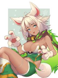 Rule 34 | 1girl, ahoge, animal ears, animal hands, blue eyes, boots, breasts, cape, chakeol (p&amp;d), cleavage, dark-skinned female, dark skin, fangs, fur trim, gloves, green shorts, large breasts, navel, ngtr kaina, open mouth, paw gloves, paw print, puzzle &amp; dragons, short hair, shorts, simple background, sleeveless, solo, tail, thighlet, two-tone background, white hair