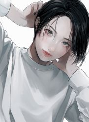 Rule 34 | 1girl, androgynous, arms behind head, black hair, black nails, closed mouth, ear piercing, earrings, fingernails, grey eyes, hands up, head tilt, highres, jewelry, lip piercing, looking at viewer, nail polish, original, piercing, short hair, simple background, smile, solo, sweater, tsunko (9v2 q), white background, white sweater