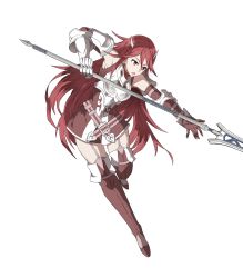 Rule 34 | 1girl, armor, belt, boots, breastplate, breasts, cordelia (fire emblem), dress, elbow gloves, female focus, fire emblem, fire emblem awakening, fire emblem heroes, full body, garter straps, gauntlets, gloves, hair ornament, highres, holding, holding polearm, holding spear, holding weapon, long hair, matching hair/eyes, medium breasts, nintendo, official art, open mouth, polearm, red eyes, red hair, short dress, skirt, solo, spear, thigh boots, thighhighs, thighs, transparent background, ueda yumehito, weapon, zettai ryouiki