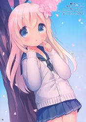Rule 34 | 1girl, absurdres, alternate costume, black neckwear, blue eyes, blue sky, blush, cherry blossoms, flower, hair flower, hair ornament, highres, holding, holding petal, kantai collection, long hair, long sleeves, looking at viewer, non-web source, one-piece tan, open mouth, outdoors, petals, ro-500 (kancolle), sailor collar, scan, school uniform, serafuku, sky, smile, solo, sweater, tan, tanline, tree, usashiro mani, white hair