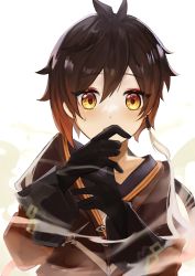 Rule 34 | 1boy, absurdres, aged down, bad id, bad pixiv id, black gloves, blush, brown hair, child, commentary, covering own mouth, earrings, english commentary, eyeliner, eyeshadow, genshin impact, gloves, gradient hair, hair between eyes, highres, jacket, jewelry, jira (0116), long hair, long sleeves, looking at viewer, makeup, male focus, multicolored hair, open mouth, orange hair, ponytail, red eyeshadow, single earring, smoke, solo, sweatdrop, tassel, tassel earrings, white background, yellow eyes, zhongli (genshin impact)