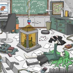 Rule 34 | 1girl, aiu404l, board eraser, chalkboard, computer, crt, crt, desk, dialogue box, game console, glasses, green hair, green sweater, indoors, jaggy lines, long hair, lying, messy room, on back, on floor, on ground, paper airplane, pleated skirt, sign, single sock, skirt, socks, solo, sweater, tagme, trash can, warning sign, wii u