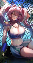 Rule 34 | 1girl, arm behind head, arm up, azur lane, bare shoulders, blue sky, blush, bottle, breasts, bremerton (azur lane), bremerton (scorching-hot training) (azur lane), chain-link fence, cleavage, cloud, collarbone, commentary, cowboy shot, crop top, crop top overhang, day, fence, grass, green skirt, grey hair, groin, hair between eyes, hair intakes, hair ornament, hairclip, highres, holding, holding bottle, kuroha (rockluo213), large breasts, light rays, long hair, looking at viewer, midriff, miniskirt, mole, mole under eye, multicolored hair, navel, official alternate costume, outdoors, palm leaf, parted lips, pink eyes, pink hair, pleated skirt, redrawn, revision, shadow, shirt, sidelocks, sitting, skirt, sky, sleeveless, sleeveless shirt, smile, solo, sportswear, streaked hair, sunbeam, sunlight, sweat, tennis uniform, twintails, two-tone hair, two-tone shirt, two-tone skirt, water bottle, white shirt, white skirt, x hair ornament, yokozuwari