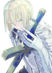 Rule 34 | 1boy, armor, bedivere (fate), blonde hair, blue eyes, breastplate, cape, commentary request, crying, crying with eyes open, excalibur (fate/stay night), fate/grand order, fate (series), gauntlets, highres, holding, holding sword, holding weapon, long hair, male focus, parted lips, saijou haruki, simple background, solo, sword, tears, weapon