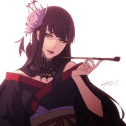 Rule 34 | 1girl, black collar, black hair, black kimono, blunt bangs, collar, commentary request, dated, eyeshadow, final fantasy, final fantasy xiv, flower, green eyes, hair flower, hair ornament, hair over shoulder, hair stick, hand up, holding, holding smoking pipe, hyur, japanese clothes, kimono, kiseru, lace collar, long hair, looking to the side, makeup, mole, mole under mouth, obi, obiage, obijime, off shoulder, parted lips, red eyeshadow, red trim, sasama keiji, sash, sideways glance, signature, simple background, smoking pipe, solo, straight hair, upper body, white background, yotsuyu goe brutus