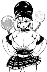 Rule 34 | absurdres, black shirt, breasts, chain, cleavage, clothes writing, earth (ornament), hecatia lapislazuli, highres, himajin noizu, large breasts, monochrome, moon (ornament), off-shoulder shirt, off shoulder, plaid, plaid skirt, shirt, simple background, skirt, t-shirt, touhou, white background