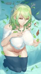 Rule 34 | 1girl, absurdres, antlers, breasts, ceres fauna, cleavage, covered erect nipples, flower, green hair, hair ornament, hair over shoulder, highres, hololive, hololive english, horns, kneehighs, kneeling, large breasts, lewdigan, long hair, mole, nipples, no panties, qilin (mythology), sapling (ceres fauna), see-through, see-through shirt, shirt, socks, solo, t-shirt, virtual youtuber, yellow eyes