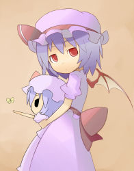 Rule 34 | 2girls, bat wings, bug, butterfly, chibi, dual persona, female focus, hat, holding, insect, light purple hair, looking back, multiple girls, nakashino setsu, reaching, red eyes, remilia scarlet, short hair, simple background, time paradox, touhou, wings