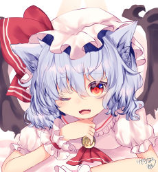 Rule 34 | 1girl, animal ears, artist name, ascot, bat wings, bed, blue hair, blush, cat ears, collar, collared dress, commentary request, dress, eyes visible through hair, fang, gem, hair between eyes, hand up, hat, hat ribbon, highres, jewelry, kemo chiharu, looking at viewer, lying, mob cap, on stomach, one eye closed, open mouth, pink dress, pink hat, puffy short sleeves, puffy sleeves, red ascot, red eyes, red ribbon, remilia scarlet, ribbon, short hair, short sleeves, signature, simple background, smile, solo, tongue, touhou, white background, wings, wrist cuffs