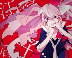 Rule 34 | 10s, 1girl, 4 (nakajima4423), bow, crazy eyes, danganronpa (series), danganronpa: trigger happy havoc, enoshima junko, hair bow, hands on own cheeks, hands on own face, heart, heart-shaped pupils, long hair, looking at viewer, loose necktie, nail polish, necktie, pink hair, red background, sharp teeth, skirt, sleeves rolled up, smile, solo, spoilers, symbol-shaped pupils, teeth, twintails, upper body