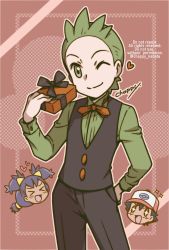 Rule 34 | 1girl, 2boys, ;), ash ketchum, blouse, bowtie, box, brown background, chappy (kanata218), cilan (pokemon), closed mouth, commentary request, creatures (company), game freak, gift, gift box, green eyes, green hair, green shirt, hand on own hip, hand up, heart, highres, holding, holding gift, iris (pokemon), long sleeves, multiple boys, neck ribbon, nintendo, one eye closed, orange ribbon, outline, pants, pokemon, pokemon (anime), pokemon bw (anime), ribbon, shirt, short hair, signature, smile, sparkle, split mouth, traditional bowtie, valentine, vest