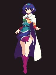 Rule 34 | 1girl, 4qw5, bare legs, belt, black background, black eyes, blue hair, boots, breasts, cape, collared cape, dress, full body, hairband, highres, looking at viewer, medium breasts, medium hair, multicolored clothes, multicolored hairband, patchwork clothes, pixel art, purple footwear, rainbow order, short dress, simple background, solo, standing, tenkyuu chimata, touhou, white cape, zipper, zipper pull tab