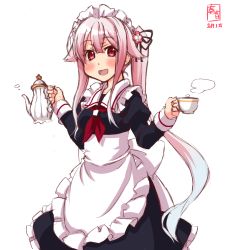 Rule 34 | 1girl, adapted costume, alternate costume, apron, artist logo, black dress, blue hair, blush, collar, commentary request, cowboy shot, cup, dated, dress, enmaided, flower, gradient hair, hair between eyes, hair flaps, hair flower, hair ornament, hair ribbon, harusame (kancolle), highres, holding, kanon (kurogane knights), kantai collection, long sleeves, looking at viewer, maid, maid apron, maid headdress, multicolored hair, neckerchief, open mouth, pink eyes, pink hair, puffy sleeves, red eyes, red neckerchief, revision, ribbon, side ponytail, signature, simple background, smile, solo, teacup, teapot, waist apron, white background, white collar