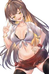 Rule 34 | 1girl, black bra, bra, bracelet, breasts, brown eyes, brown hair, cleavage, hair ornament, hand on own hip, highres, hololive, hololive english, honkivampy, jewelry, large breasts, long hair, looking at viewer, nanashi mumei, navel, open mouth, ponytail, simple background, skirt, smile, solo, standing, thighhighs, thighs, underwear, v, virtual youtuber, white background