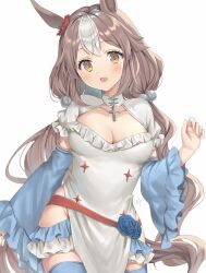 Rule 34 | 1girl, animal ears, blue thighhighs, blush, breasts, brown eyes, brown hair, cleavage, collarbone, commentary request, detached sleeves, ear ornament, flower, hair between eyes, highres, horse ears, horse girl, horse tail, long sleeves, looking at viewer, low twintails, medium breasts, multicolored hair, open mouth, oshage (osyage921), simple background, solo, streaked hair, tail, thighhighs, twintails, umamusume, white background, white hair, yamanin zephyr (umamusume)