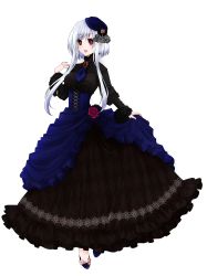 Rule 34 | 1girl, :d, absurdres, argyle, argyle clothes, argyle dress, black dress, blue dress, blue footwear, blue headwear, brooch, dress, dress flower, highres, jewelry, long hair, long sleeves, open mouth, pixiv fantasia, pixiv fantasia last saga, red eyes, smile, solfege (pixiv fantasia last saga), solo, standing, two-tone dress, ube s, white background, white hair