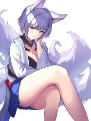 Rule 34 | 1girl, animal ears, azur lane, blue eyes, breasts, cleavage, commentary request, eyeshadow, feet out of frame, fox ears, fox girl, fox tail, highres, japanese clothes, kaga (azur lane), kimono, kitsune, large breasts, makeup, metsu end, multiple tails, revision, skirt, smile, solo, tail, thighs, white background, white hair, white kimono, white tail