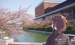 Rule 34 | ahoge, black hair, black sweater, blue eyes, blue sky, braid, building, cherry blossoms, cloud, commentary request, dated, day, from behind, hair flaps, hair over shoulder, kantai collection, kyoto, outdoors, photo background, railing, real world location, ribbed sweater, river, satsumi, shigure (kancolle), single braid, sky, sweater, translation request, tree, upper body