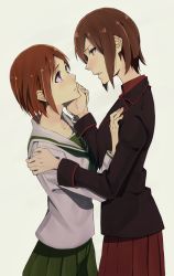 Rule 34 | 10s, 2girls, blush, brown eyes, brown hair, girls und panzer, hand on another&#039;s face, height difference, highres, imminent kiss, incest, kofunami nana, looking at another, multiple girls, nishizumi maho, nishizumi miho, ooarai school uniform, school uniform, short hair, siblings, yuri