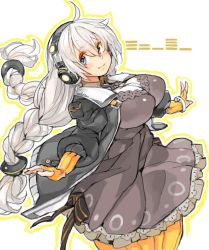 Rule 34 | 1girl, ahoge, black dress, black jacket, blue eyes, braid, breasts, closed mouth, collared dress, commentary, covered erect nipples, dress, fingerless gloves, gloves, hair between eyes, headphones, jacket, kizuna akari, large breasts, long hair, orange gloves, orange pantyhose, outline, pantyhose, plump, sachito, silver hair, simple background, smile, solo, twin braids, twintails, very long hair, voiceroid, white background