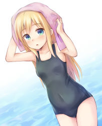 Rule 34 | 1girl, arms up, blonde hair, blue eyes, covered navel, long hair, old school swimsuit, one-piece swimsuit, open mouth, original, school swimsuit, solo, swimsuit, towel, towel on head, wheel (misoshire)