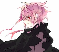 Rule 34 | 1boy, absurdres, black cloak, brown shirt, chinese commentary, cloak, closed mouth, commentary request, from side, highres, male focus, nijou ryuu, patchwork skin, pink hair, red eyes, saibou shinkyoku, shirt, short hair with long locks, simple background, smile, solo, upper body, white background, xun si