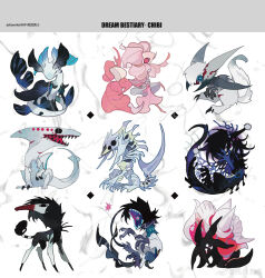 absurdres black_fur black_hair black_tail blood blood_on_face blue_sclera chibi chibi_only colored_sclera creature extra_eyes fins highres kamikiririp no_humans open_mouth original pink_eyes red_tongue shark sharp_teeth teeth white_fur white_hair white_tail