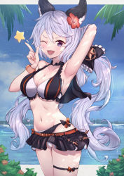 Rule 34 | 1girl, ;d, animal ears, arm up, armpits, beach, bikini, bikini skirt, black ribbon, blue sky, blush, breasts, cleavage, cloud, day, flower, frilled bikini, frills, granblue fantasy, hair between eyes, hair flower, hair ornament, hair ribbon, highres, index finger raised, large breasts, long hair, looking at viewer, low twintails, navel, one eye closed, open mouth, outdoors, palm tree, purple eyes, purple hair, resolution mismatch, ribbon, satyr (granblue fantasy), sky, smile, solo, source larger, star (symbol), swimsuit, thigh strap, thighs, tree, twintails, uneg, very long hair