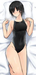 Rule 34 | 1girl, amagami, black hair, black one-piece swimsuit, breasts, breath, brown eyes, competition swimsuit, covered navel, cowboy shot, from above, highres, lying, nanasaki ai, on back, one-piece swimsuit, pillow, short hair, small breasts, solo, swimsuit, yoo tenchi